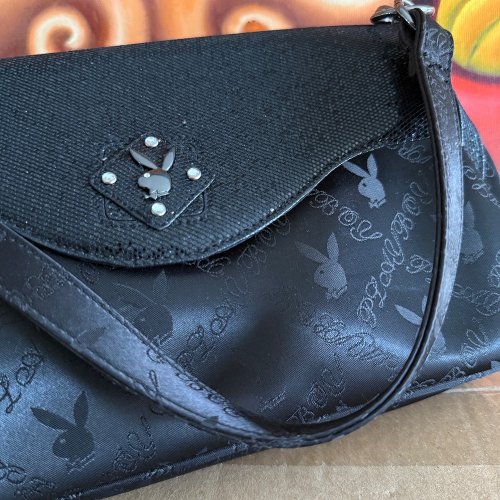 Vintage Playboy Monogram Logo Rhinestone Shoulder Bag Black Small